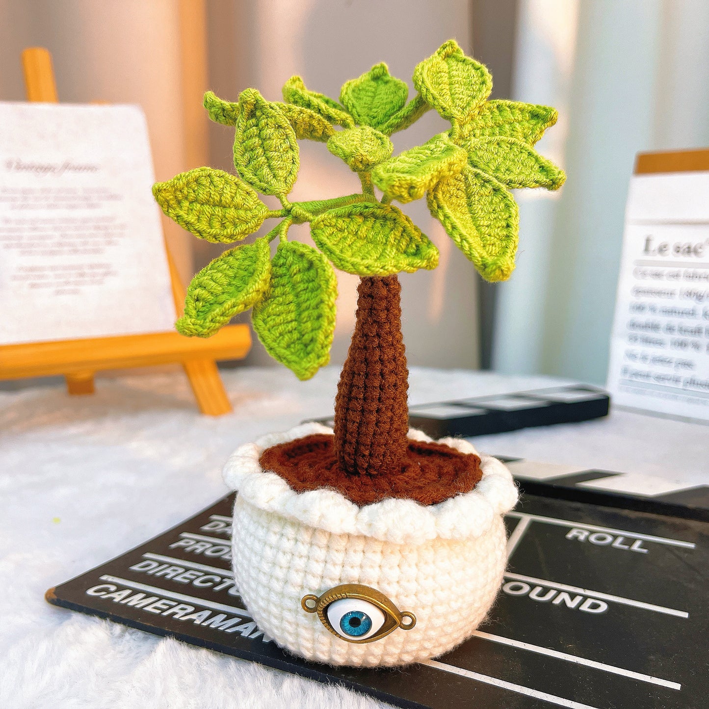 Handmade Crochet Money Tree Good Luck Nazar Eye Potted Plant - Adjustable Leaves and Stem - Perfect for Office, Window Sill, Vanity, or Nightstand - Allergy-Friendly Decorative Plant - Symbol of Wealth and Prosperity