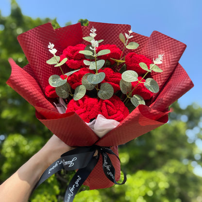 Exquisiter handgefertigter Häkelstrauß aus 9 umgedrehten Rosen – perfekt für Geburtstag, Jahrestag, Geschenk für Sie, Hochzeitsgeschenke, Valentinstag oder jeden individuellen Anlass