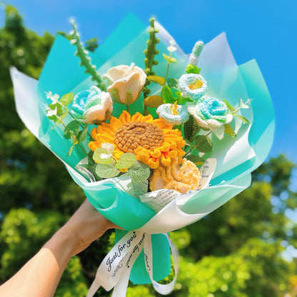 Meaningful Bloom Bouquet - Allergy-Friendly Handmade Crochet Gift with Wine Glass Rose, Mint-Gradient Roses,Morning Glory, Ferns, Double-Layer Seeded Sunflower, Carnation, Money Leaf Accents - Perfect for Birthdays, Anniversaries, and Special Occasions