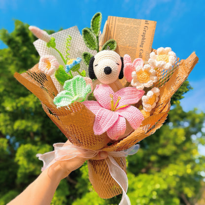 Handmade Crochet Doodle Dog Themed Flower Bouquet - Allergy-Friendly Gift, Morning Glory, Peanuts, Daisy, Yew, Lily, Gesang Flower, Tulip, and Daisy - Perfect for Birthdays, Anniversaries, and Special Occasions