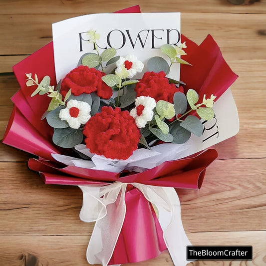 Wunderschöner handgefertigter Mini-Blumenstrauß aus gehäkelten Nelken und Puffgänseblümchen – das perfekte Geschenk zum Valentinstag, zum Geburtstag, zu Jubiläen oder zu jedem anderen Anlass