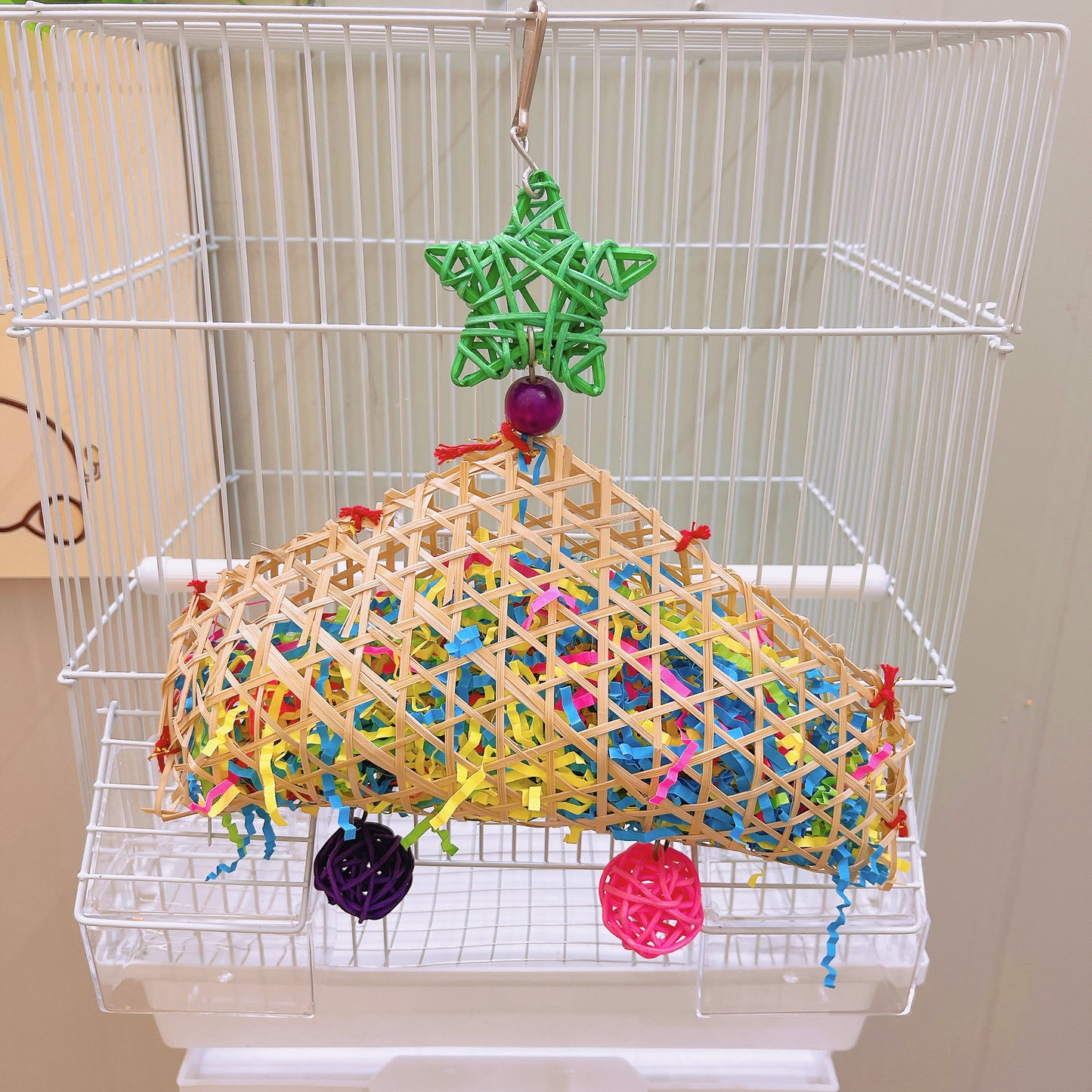 Handcrafted Macaron-Colored Parrot Chew Toy with Hook - Bird Entertainment Tool Featuring Star Chew, Wooden Lattice Tray with Colorful Ribbons, and 2 Chewing Balls for Parakeet/Budgie, Cockatiel, Finch, Lovebird, Monk Parakeet, Dove, Parrotlet, Sparrow