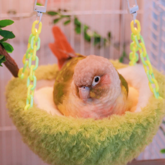 Handgefertigtes grün-gelbes Papageiennest im Durian-Design mit Haken und Kunststoffketten, hängendes Vogelhäuschen für den Käfig, halbmondförmige Form mit Baumwollfüllung, gemütlicher Schlafplatz für Hausvögel