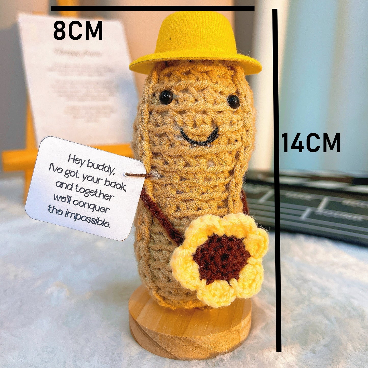 Amusable Peanut Supportive Plushie with Customizable Message Card - Adorable Yellow Hat and Sunflower, Perfect Jelly Crochet Custom Gift for Friendship, Birthdays, Celebrations, and Encouragement