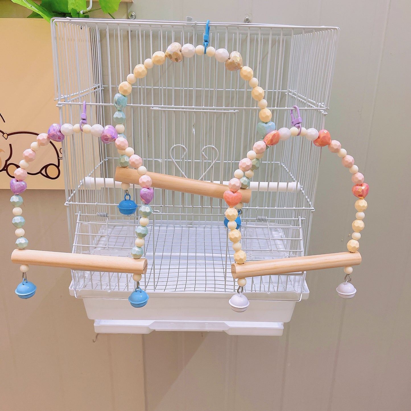Handcrafted Beaded Semi-Circle Top Colorful Bird Swing & Perch with Hook - Birdcage Accessory for Pet Bird Entertainment Parakeet Budgie Cockatiel Finch Lovebird Monk Parakeet Dove Parrotlet Sparrow