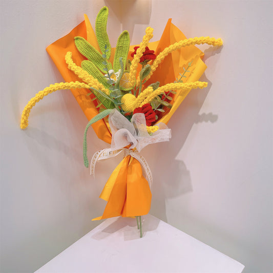 Handgefertigter gehäkelter Zitrus-Eleganz-Blumenstrauß – Zitrone, Rose und Gerste – wunderschöne Geschenke für jeden Anlass