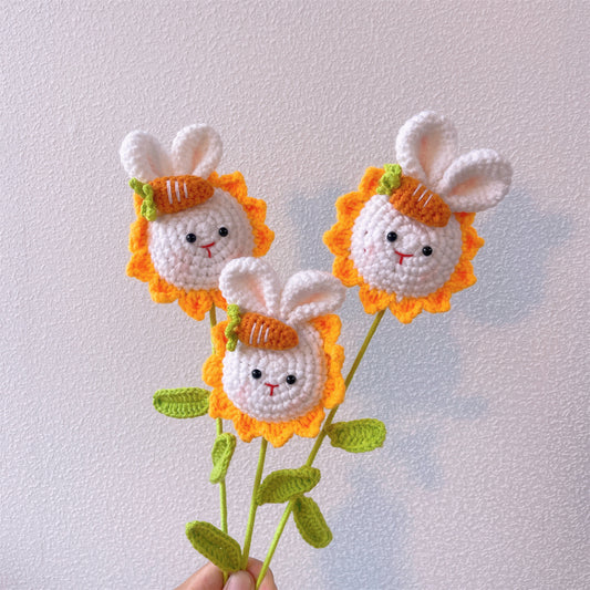 Bunny Bliss: Handcrafted Crochet Cute Bunny Head Stake with Bunny and Sunflower Finish for a Whimsical Garden Decor