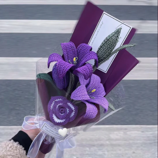 Handmade Crocheted Purple Lily & Rose Bouquet - Hypoallergenic Option