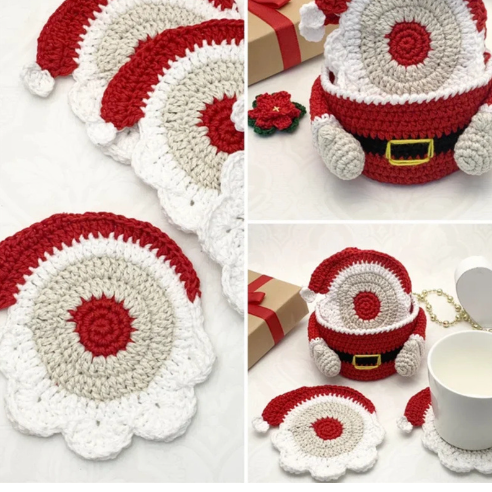 Christmas Crochet Coasters & Santa Storage Seat | Red & White Christmas Hat Coaster , Santa Coaster , Santa Storage , Christmas Placemats  | Perfect Holiday Decor for Home & Gifts