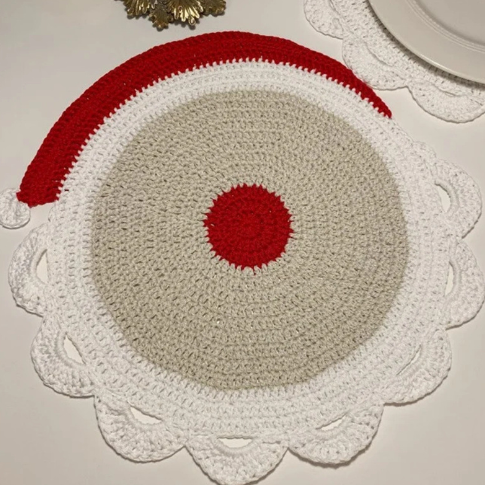 Christmas Crochet Coasters & Santa Storage Seat | Red & White Christmas Hat Coaster , Santa Coaster , Santa Storage , Christmas Placemats  | Perfect Holiday Decor for Home & Gifts