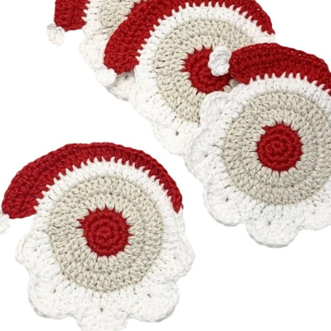 Christmas Crochet Coasters & Santa Storage Seat | Red & White Christmas Hat Coaster , Santa Coaster , Santa Storage , Christmas Placemats  | Perfect Holiday Decor for Home & Gifts