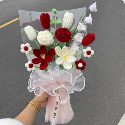 Crimson Harmony: Handmade Crocheted Floral Bouquet - Vibrant Reds & White - Roses, Tulips, Lilies, Daisies, Eucalyptus Dance