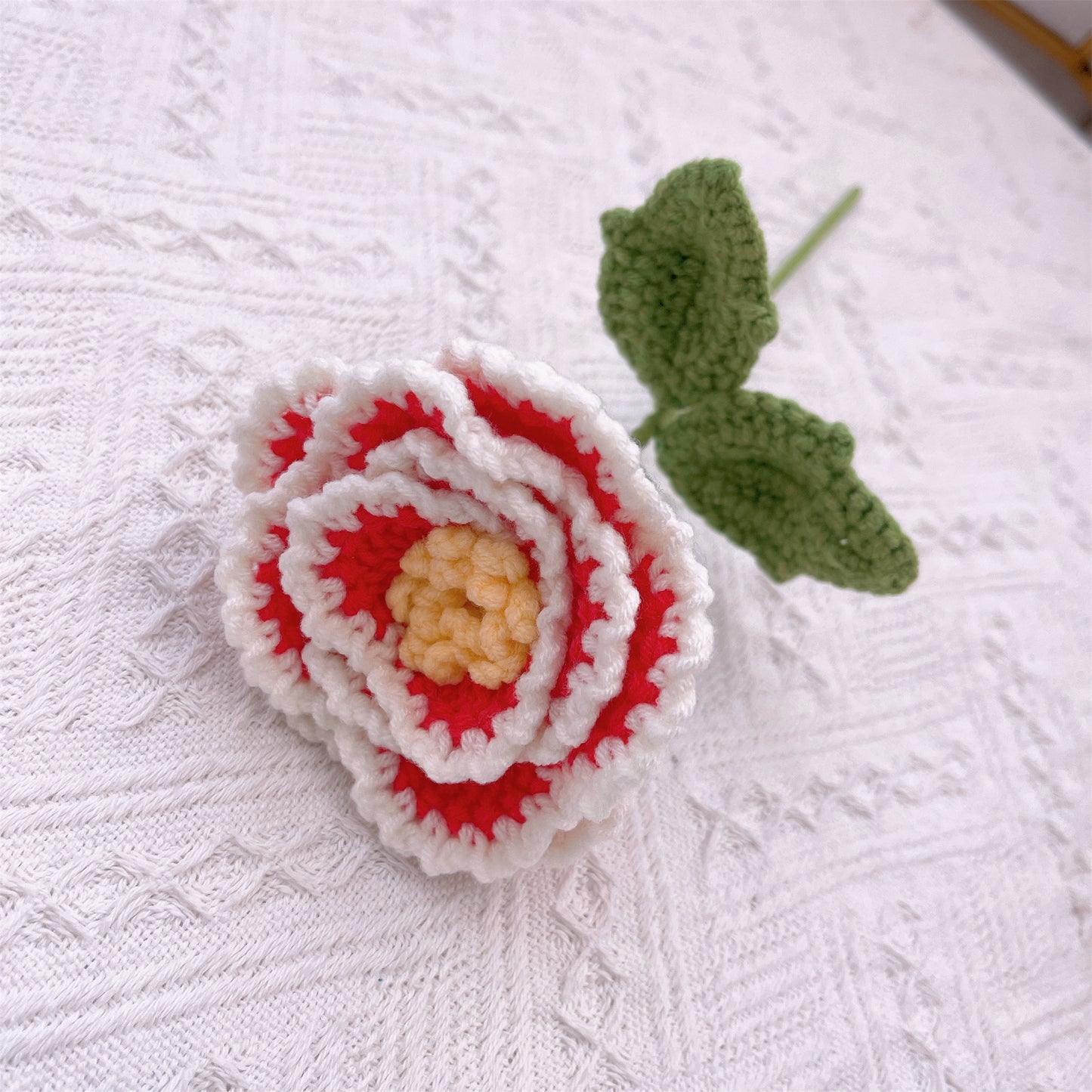 Handcrafted Crochet Wedding Anniversary Flowers with White Lily, Yellow & Red Tulips, Sunflower, Red Camellia, Red Lily of the Valley, Burgundy Peony, and Eucalyptus Leaves in Pearl Organza Wrap