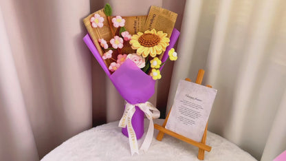 Bouquet de fleurs de soleil et de bonheur au crochet fait à la main - Tournesols, fleurs de pêcher, pompons, roses, cadeau pour l'anniversaire d'une personne spéciale