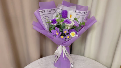 Purple-Toned Handcrafted Crochet Flower Bouquet - Featuring Large White to Purple Gradient Roses, Light Purple Blooming Tulips, Dark Purple Unopened Tulips, Light & Dark Purple Mini Roses Ideal for Weddings, Anniversaries, & Romantic Occasions