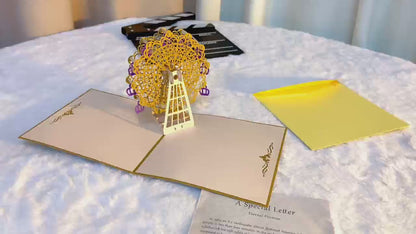 Carte de vœux de rétablissement avec enveloppe jaune – Grande roue 3D sur le thème du festival pour la bénédiction d'anniversaire
