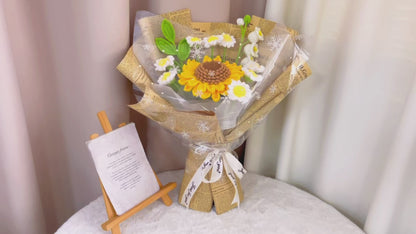 Handcrafted Burst of Summer's Delight Crocheted Bouquet - Sunflowers, Lilies, Greenery, and Daisies