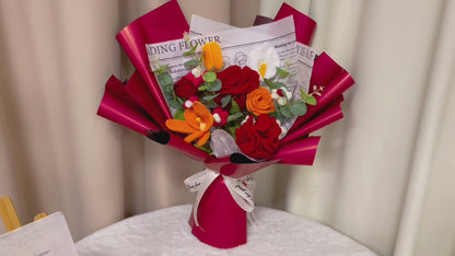 Red & Orange-Toned Handcrafted Crochet Flower Bouquet - Featuring Large Red Roses, Blooming & Unopened Orange Tulips, Red & Orange Mini Roses, White & Red Puffs, Red Carnations, - Perfect for Valentine's Day, Mother's Day, & Special Occasions