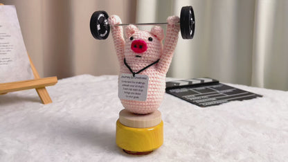 Handcrafted Crochet Journey to Greatness Piggy Figurine - Customizable Personalized Message Inspirational Embrace Challenge & Unleash Strength with Barbell Accessory and Wooden Base Birthday Graduation Celebration Gift