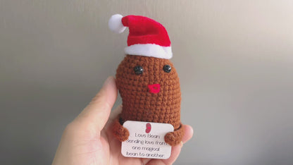 Haricot d'amour fabriqué à la main avec un chapeau de Noël confortable et une carte de vœux – Parfait pour la décoration des fêtes et les cadeaux.