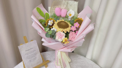 Crochet Pink & Yellow Toned Flower Bouquet - Featuring Large & Small Crocheted Sunflowers, Pink & White Gradient Roses, White, Pink, & Yellow Puffs, Green Leaves, White Calla Lilies - Ideal for Spring, Mothers' Day, & Feminine Occasions