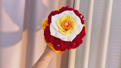 Handheld Bridal Crochet Flower Bouquet - Allergy-Friendly, 7 Red Roses with Pearl Accents, and Gradient White-Yellow-Orange Rose - Perfect for Weddings, Anniversaries, and Special Occasions