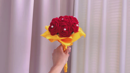 Handheld Bridal Crochet Flower Bouquet - Allergy-Friendly, 7 Red Roses with Pearl Accents, and Gradient White-Yellow-Orange Rose - Perfect for Weddings, Anniversaries, and Special Occasions