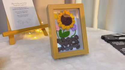 Handmade Crochet Flower Frame with Faux Coffee Beans - 6-inch Photo Frame - Featuring Sunflowers, Daisies, and a Glowing Firefly - Unique Gift for Home Décor, Birthdays, Weddings, and More