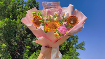 Crochet Pink & Yellow Toned Flower Bouquet - Featuring Large & Small Crocheted Sunflowers, Pink & White Gradient Roses, White, Pink, & Yellow Puffs, Green Leaves, White Calla Lilies - Ideal for Spring, Mothers' Day, & Feminine Occasions