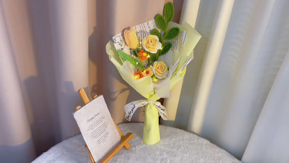 Sunshine Serenade: Handcrafted Yellow Blossom Bouquet - Radiant Roses, Tulips, Puffs & Greenery