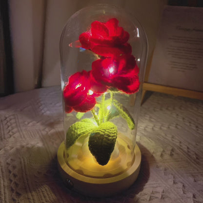 Lanterne rose au crochet enchantée faite à la main avec abat-jour en verre, base en bois et alimentation par batterie - Cadeau d'anniversaire de la Saint-Valentin