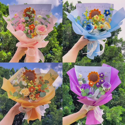 Handmade Sunflower Crochet Bouquet Arrangement with Rose, and Cream Puff with Money Leaf and Baby's Breath – Perfect Allergy-Friendly Gift for Birthday Anniversary Get Well – Available in Pink, Blue, Purple, and Yellow Wrapping