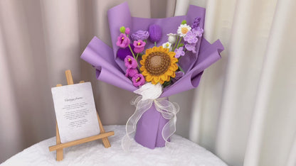 Handcrafted Purple Passion Floral Arrangement Crochet Bouquet with Chameleon - Sunflowers, Lavender, Lilies, Chameleon, Bluebells, Forget-Me-Nots, Daisies, Tulips, Roses