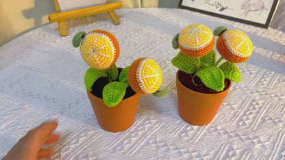 Handgefertigte gehäkelte Mandarinen-Topfpflanze – niedliche Heimdekoration – realistische Kunstpflanze – perfektes Geschenk für Pflanzenliebhaber – handgefertigt