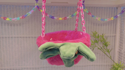 Happy Strawberry Design Parrot Bird Nest, equipped with hooks and plastic chains, suitable for cage use. The cotton-filled half-moon shape provides a comfortable sleeping spot for pet birds.