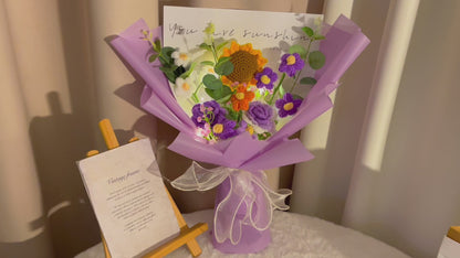 Bouquet de lavande d’été au crochet fabriqué à la main - Teintes violettes, tournesols, nuances de rose, lavande, crème et accents vibrants