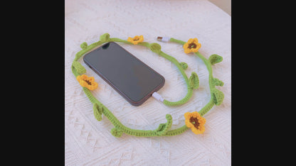 Sunflower Power: Hand-Crocheted Fast Charging USB iPhone Cable with Rapid Charging Rate