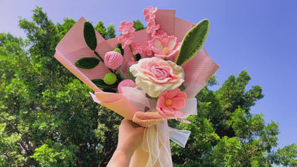 Handcrafted Crochet Bouquet with Large Pink Roses, Forget-Me-Nots, Gerbera Daisies, Olive Foliage - Allergy-Friendly