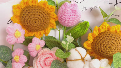 Floral Symphony: Handmade Crocheted Flower Bouquet in Pink - Sunflowers, Tulips, Puffs, Roses, and Cotton - An Exquisite Gift for Mother's Day, Weddings, or Valentine's Day