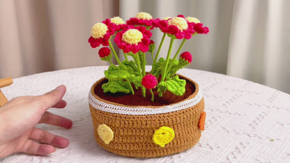 Grand arrangement de pot de plantes fabriqué à la main avec 8 marguerites rouges pour la décoration intérieure et les cadeaux