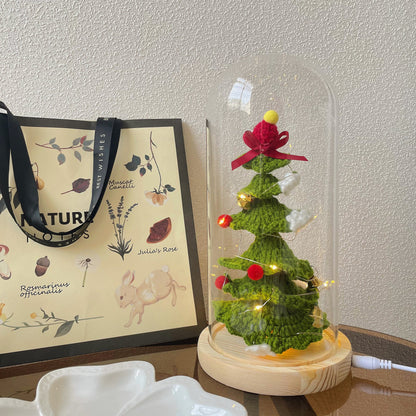Christmas Pine Tree Crochet, LED Light, Glass Dome, Stake, Yarn Handmade Indoor Decoration, Xmas July, Holiday Festive, Centerpiece, Fathers