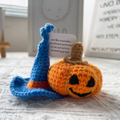Inspirational Support Plushie Pumpkin with Wizard Hat - Yarn Crochet Indoor for Halloween, Fall, Thanksgiving Figurine, Vintage Decoration