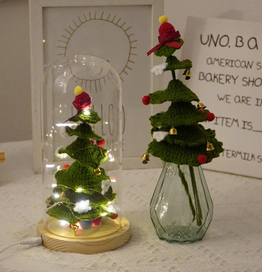 Christmas Pine Tree Crochet, LED Light, Glass Dome, Stake, Yarn Handmade Indoor Decoration, Xmas July, Holiday Festive, Centerpiece, Fathers