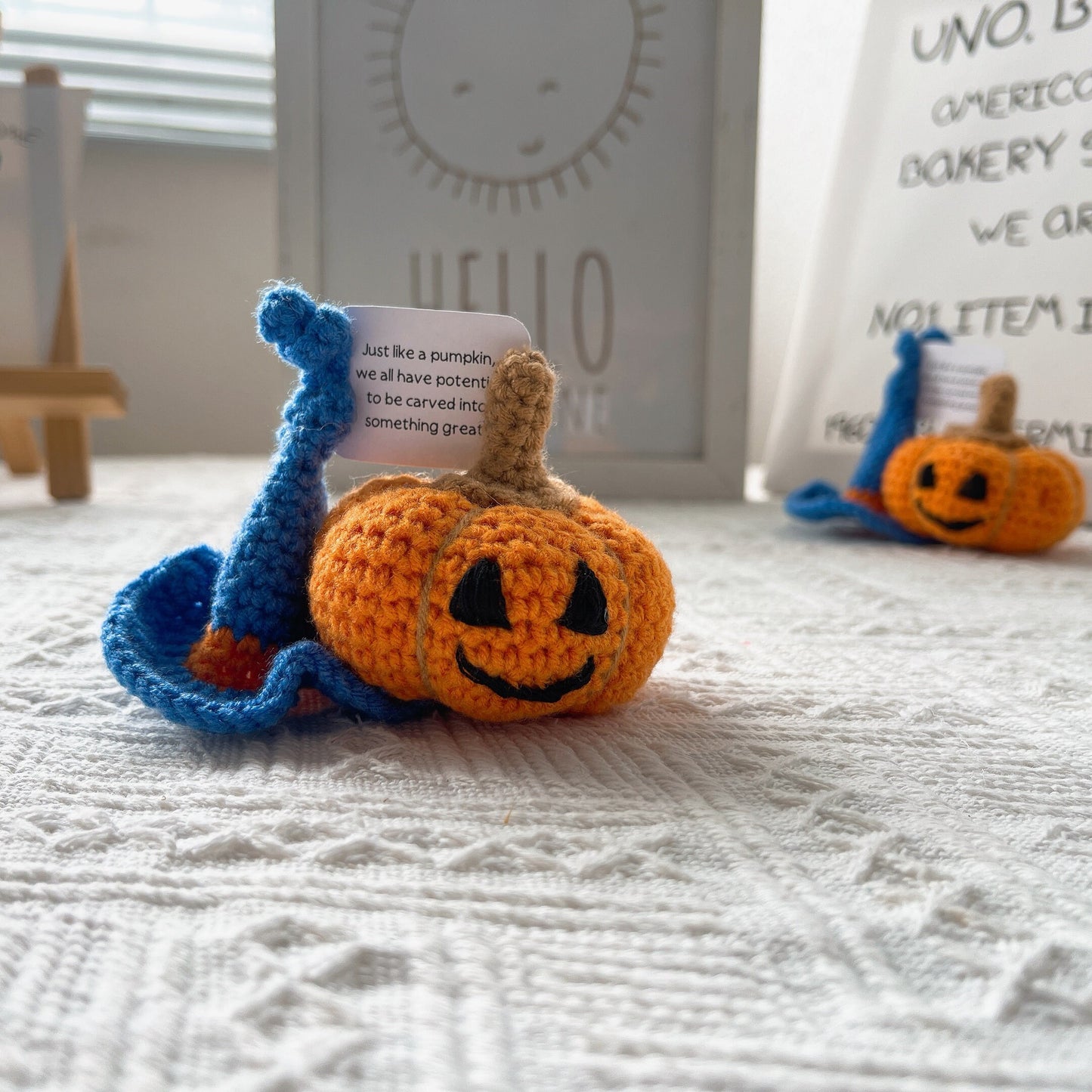Inspirational Support Plushie Pumpkin with Wizard Hat - Yarn Crochet Indoor for Halloween, Fall, Thanksgiving Figurine, Vintage Decoration