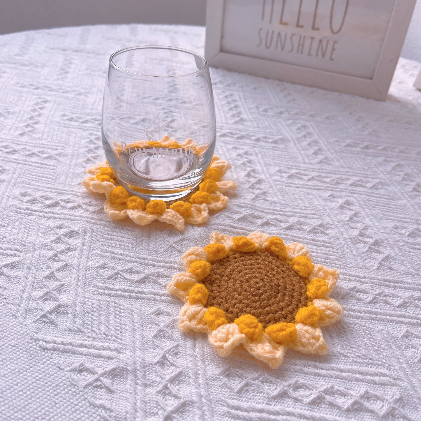 Handmade Crochet Sunflower Coaster in a Basket Set - Drink Mats, Table Protection, Kitchen Accessories, Housewarming Gift, Coasters Pot