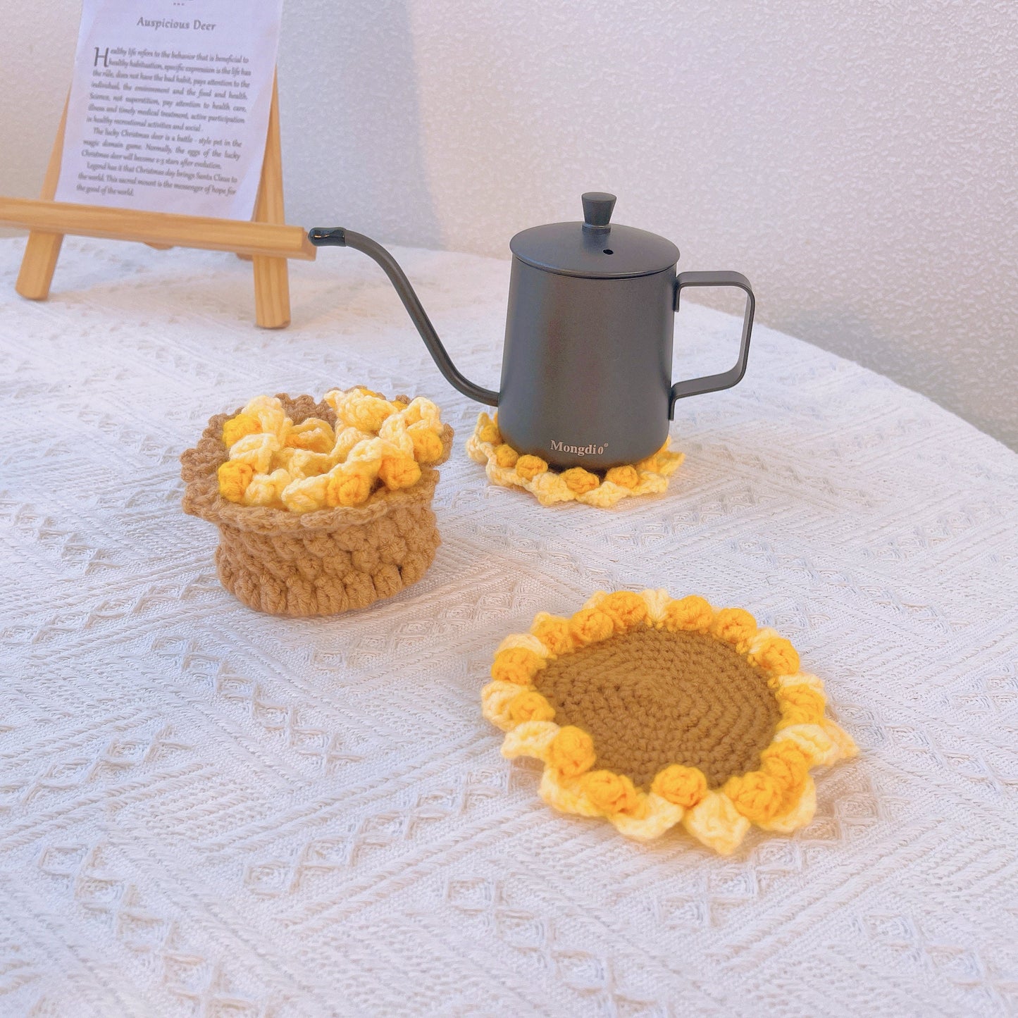 Handmade Crochet Sunflower Coaster in a Basket Set - Drink Mats, Table Protection, Kitchen Accessories, Housewarming Gift, Coasters Pot